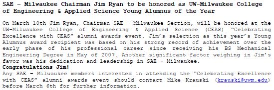 SAE Milwaukee Chairman Jim Ryan Honored