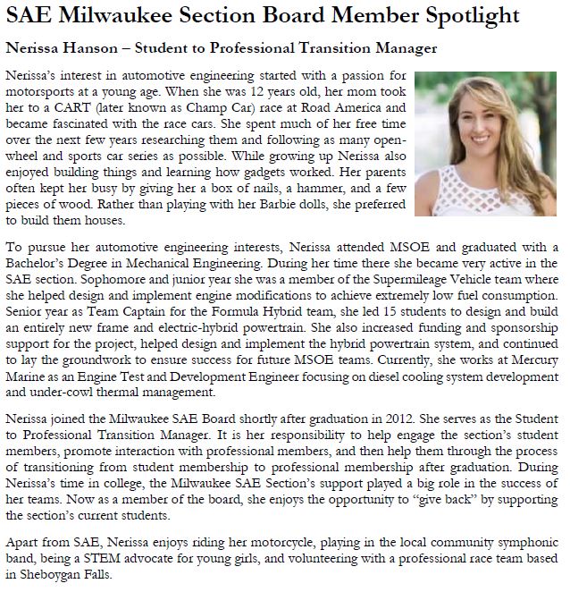 SAE Milwaukee Board Member Spotlight – Nerissa Hanson