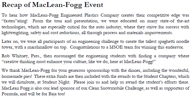 Recap of MacLean-Fogg Event