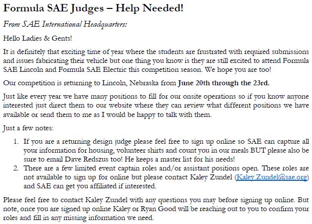Formula SAE Judges Needed